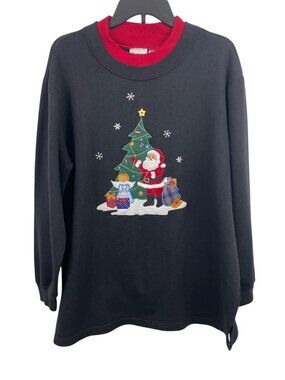 Baxter & Wells Christmas Sweatshirt Santa & Tree Design Black Red Collar 1X